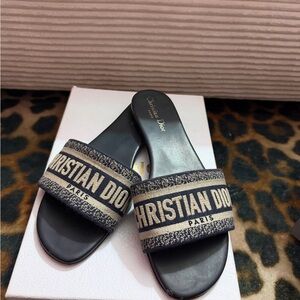 Dior Black and Beige Christian Dior Logo Slide Sandals